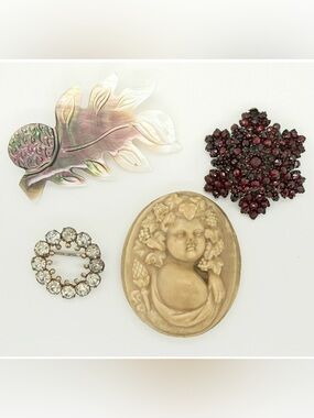 Antique Victorian Brooch Pin Lot Carved Lava Cameo Garnet MOP Mother of Pearl
